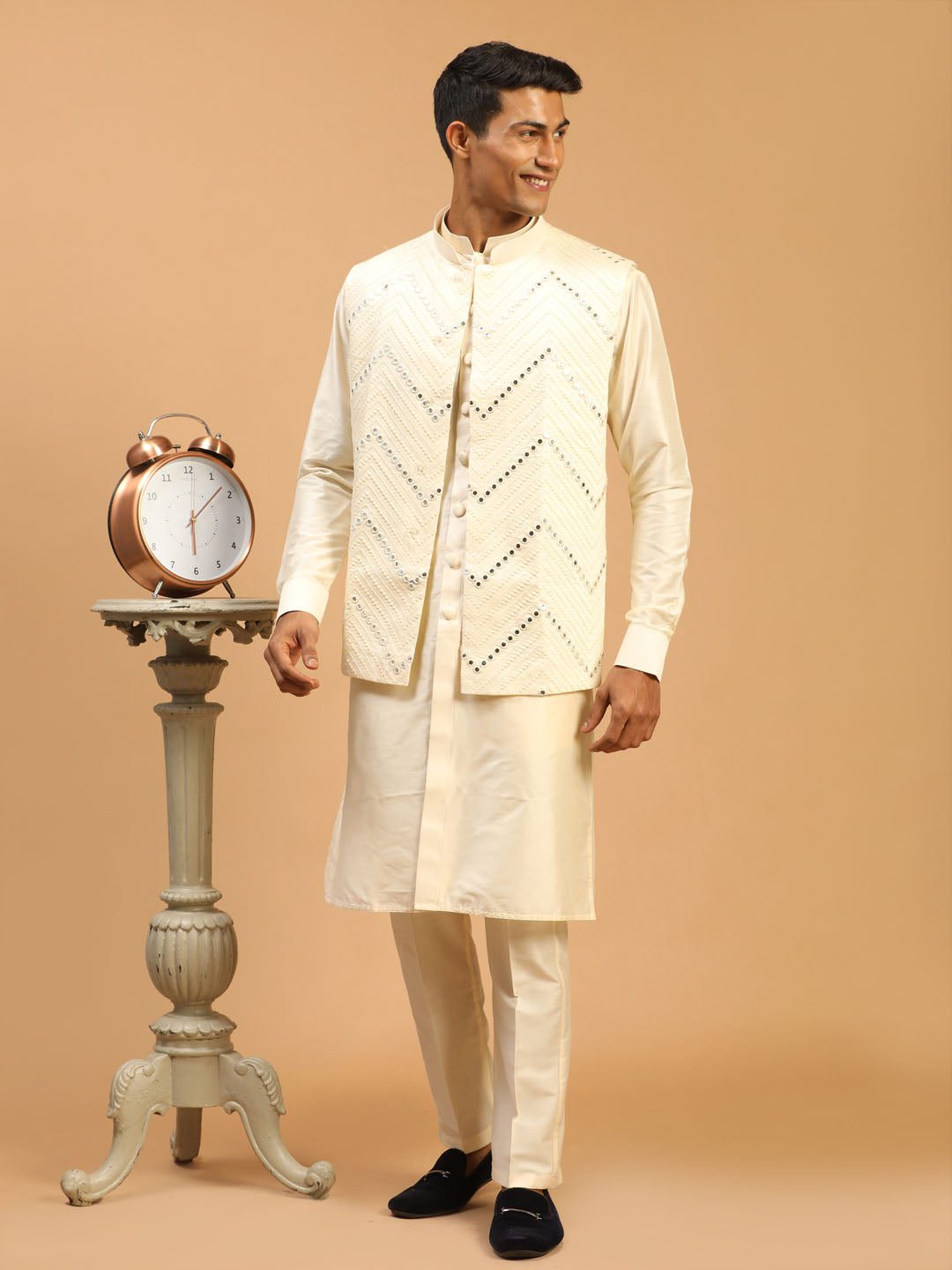 Ivory Long Jacket Kurta Set with Pant in Thread Work | Shreeman-gemektower.com.vn