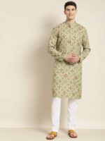 SOJANYA Men Green & White Ethnic Motifs Printed Cotton Linen Kurta