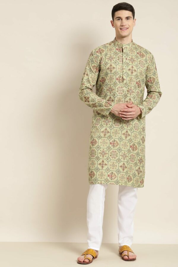 SOJANYA Men Green & White Ethnic Motifs Printed Cotton Linen Kurta