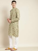 SOJANYA Men Green & White Ethnic Motifs Printed Cotton Linen Kurta - Image 3