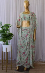 Sage Green Printed Georgette Crop Top & Draped Skirt Co-ord Set - Image 8