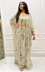 Sage Green Printed Georgette Crop Top & Draped Skirt Co-ord Set