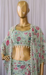 Sage Green Printed Georgette Crop Top & Draped Skirt Co-ord Set - Image 3