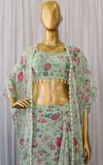 Sage Green Printed Georgette Crop Top & Draped Skirt Co-ord Set - Image 2