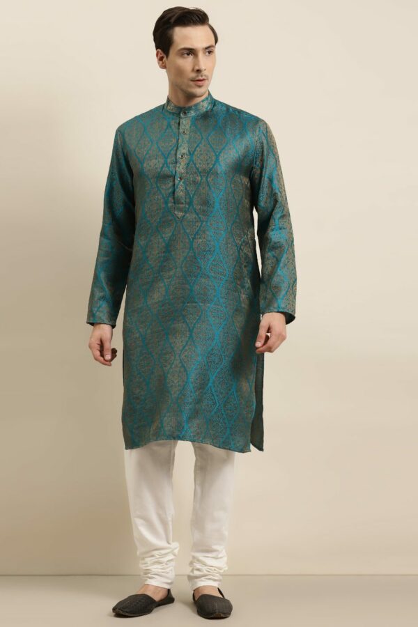 Sojanya Men Teal Blue & Golden Ethnic Motifs Jacquard Kurta