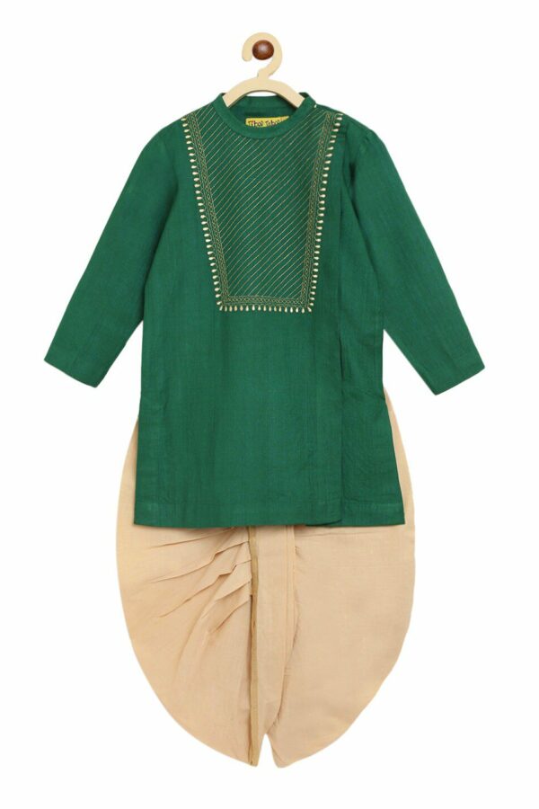 Tiber Taber Boys Green & Beige Solid Kurta with Dhoti Pants