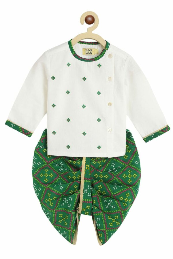 Tiber Taber Boys Green Ethnic Motifs Embroidered Thread Work Pure Cotton Kurta with Dhoti Pants