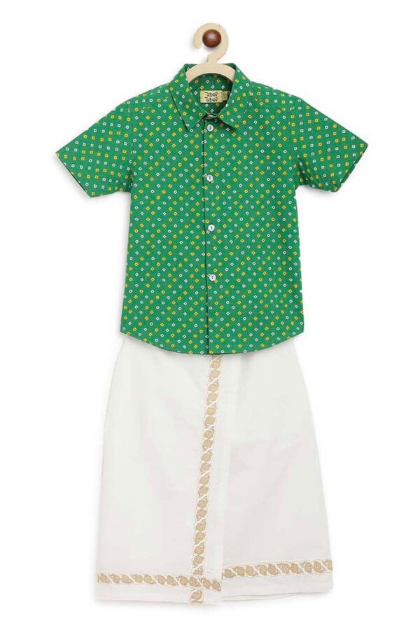 Tiber Taber Boys Green & White Printed Shirt And Vesti