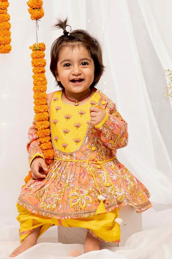 Tiber Taber Girls Peach & Yellow Printed Pure Cotton Kurta with Dhoti Pants