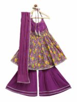 Tiber Taber Girls Purple Floral Printed Empire Pure Cotton Kurti with Sharara & Dupatta
