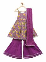 Tiber Taber Girls Purple Floral Printed Empire Pure Cotton Kurti with Sharara & Dupatta - Image 2