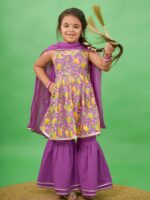 Tiber Taber Girls Purple Floral Printed Empire Pure Cotton Kurti with Sharara & Dupatta - Image 7