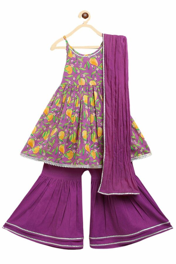 Tiber Taber Girls Purple Floral Printed Empire Pure Cotton Kurti with Sharara & With Dupatta