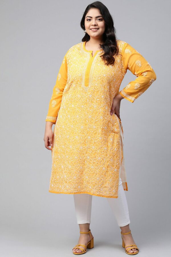 ADA Plus Size Women Mustard Yellow & White Chikankari Hand Embroidered Straight Handloom Kurta