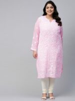 ADA Plus Size Women Pink & White Chikankari Hand Embroidered Straight Handloom Kurta With Slip