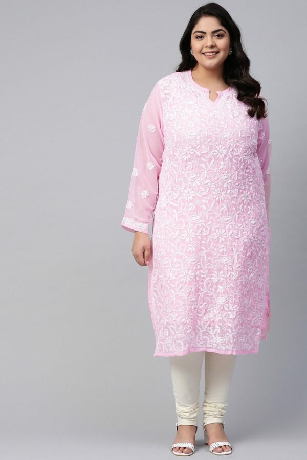 ADA Plus Size Women Pink & White Chikankari Hand Embroidered Straight Handloom Kurta With Slip