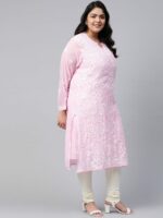 ADA Plus Size Women Pink & White Chikankari Hand Embroidered Straight Handloom Kurta With Slip - Image 3
