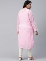 ADA Plus Size Women Pink & White Chikankari Hand Embroidered Straight Handloom Kurta With Slip - Image 4
