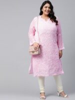 ADA Plus Size Women Pink & White Chikankari Hand Embroidered Straight Handloom Kurta With Slip - Image 5