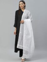 ADA White Chikankari Hand Embroidered Kota Dupatta