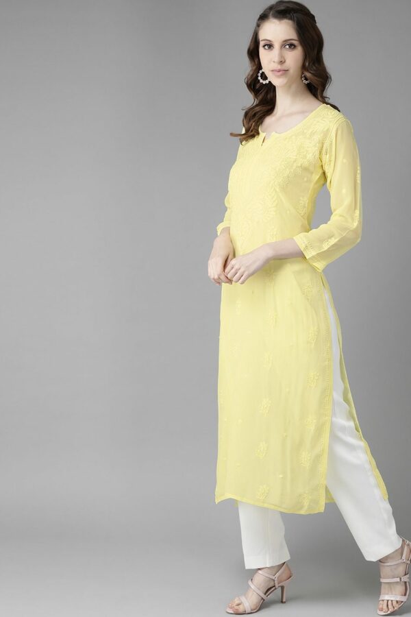 ADA Women Yellow Ethnic Motifs Embroidered Chikankari Georgette Handloom Kurta