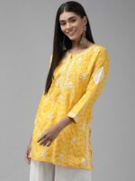 ADA Yellow & White Ethnic Motifs Embroidered Chikankari Handloom Kurti