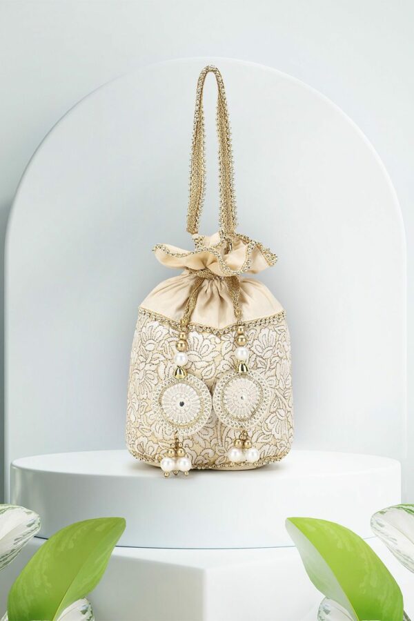Anekaant Cream-Coloured & Gold-Toned Embroidered Tasselled Potli Clutch