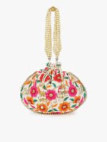 Anekaant Cream-Coloured & Green Embroidered Tasselled Potli Clutch