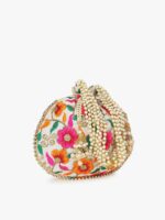 Anekaant Cream-Coloured & Green Embroidered Tasselled Potli Clutch - Image 3