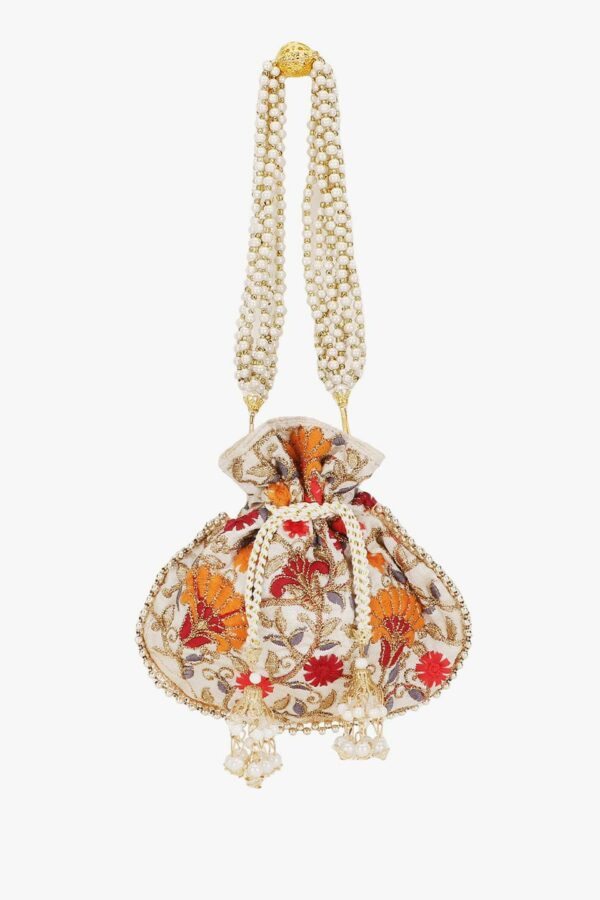 Anekaant Girls Cream-Coloured & Red Floral Embroidered Tasselled Potli Clutch