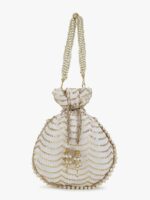 Anekaant Off White & Gold-Toned Embellished Tasselled Potli Clutch - Image 2