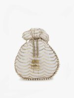 Anekaant Off White & Gold-Toned Embellished Tasselled Potli Clutch - Image 3