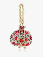 Anekaant Women Cream-Coloured & Orange Embroidered Potli Clutch
