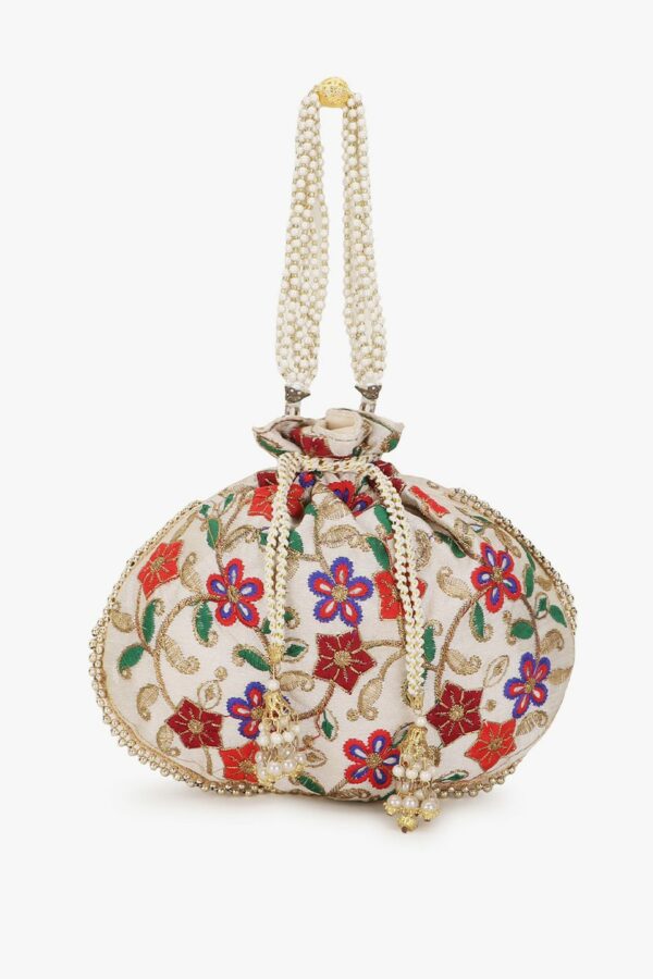 Anekaant Women Cream-Coloured & Purple Embroidered Tasselled Potli Clutch