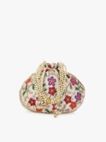 Anekaant Women Cream-Coloured & Purple Embroidered Tasselled Potli Clutch - Image 2
