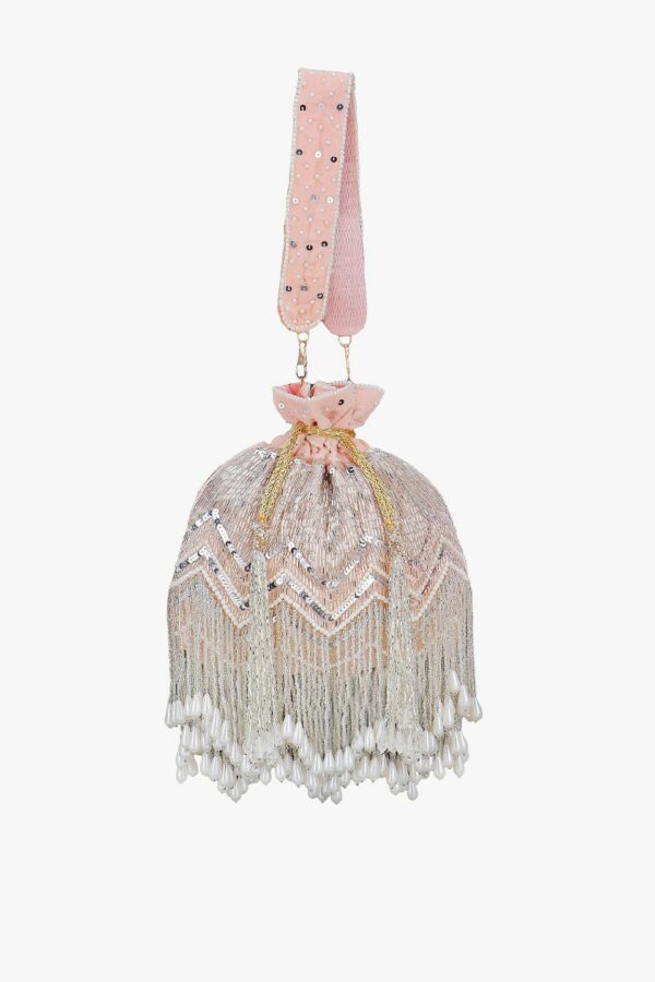 Anekaant Women Peach-Coloured & Silver-Toned Velvet Embellished Potli Clutch