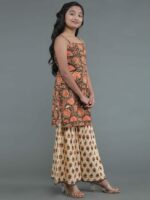 Brown & Cream Floral Print Kurta With Sharara - Image 4