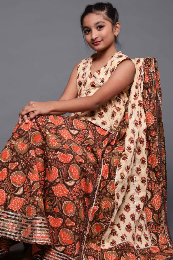 Brown & Cream Floral Print Lehenga Choli With Dupatta