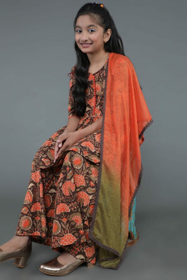 Brown Floral Print Kurta Sharara With Dupatta