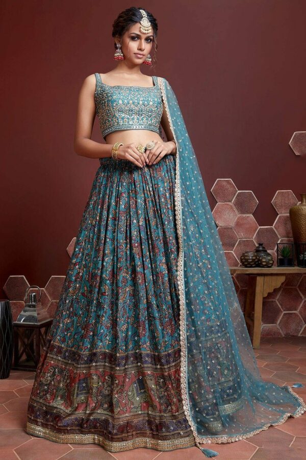 FABPIXEL Blue & Brown Embellished Semi-Stitched Lehenga & Unstitched Blouse With Dupatta