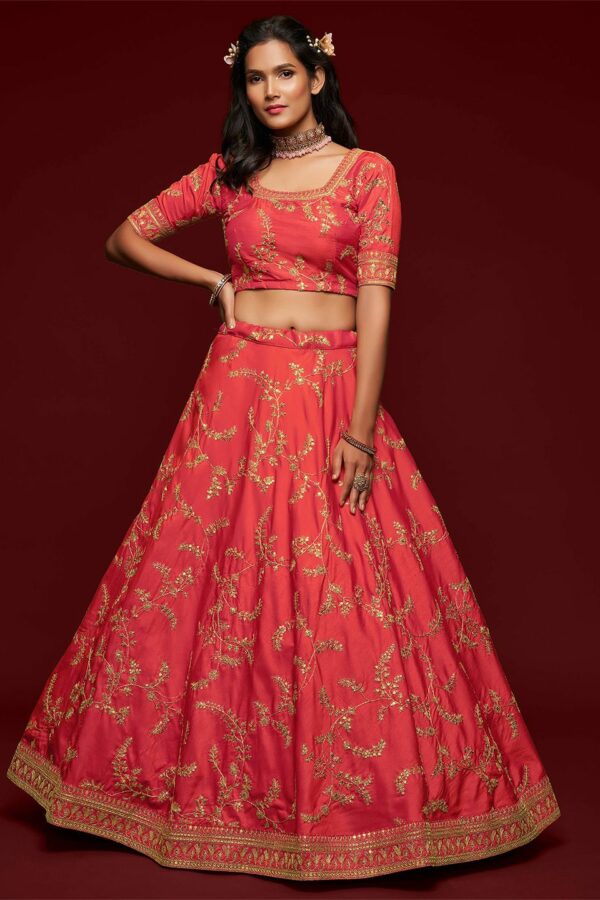 FABPIXEL Coral Embroidered Sequinned Semi-Stitched Lehenga & Unstitched Blouse With Dupatta