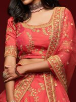 FABPIXEL Coral Embroidered Sequinned Semi-Stitched Lehenga & Unstitched Blouse With Dupatta - Image 2