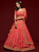 FABPIXEL Coral Embroidered Sequinned Semi-Stitched Lehenga & Unstitched Blouse With Dupatta - Image 3