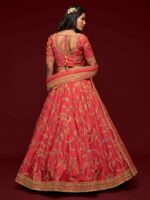 FABPIXEL Coral Embroidered Sequinned Semi-Stitched Lehenga & Unstitched Blouse With Dupatta - Image 4