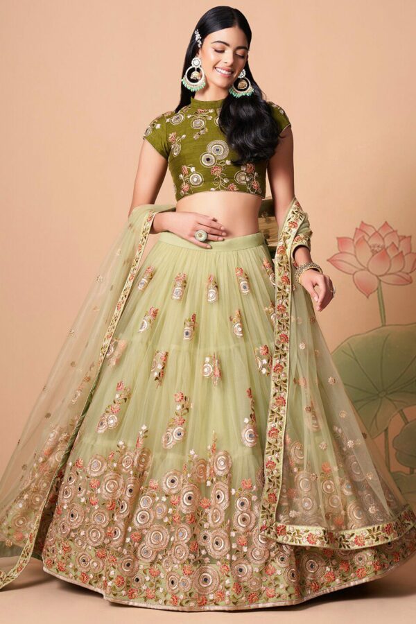 FABPIXEL Embroidered Mirror Work Semi-Stitched Lehenga & Unstitched Blouse With Dupatta