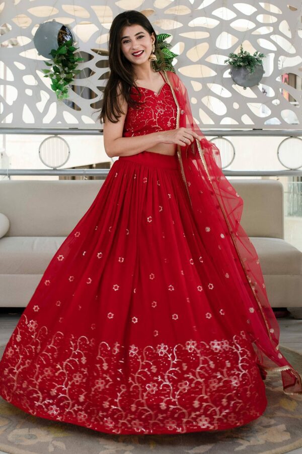 FABPIXEL Floral Embroidered Semi-Stitched Lehenga & Unstitched Blouse With Dupatta