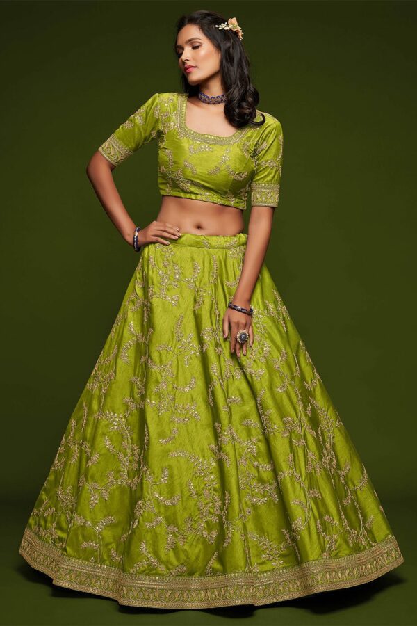 FABPIXEL Lime Green Embroidered Semi-Stitched Lehenga & Unstitched Blouse With Dupatta