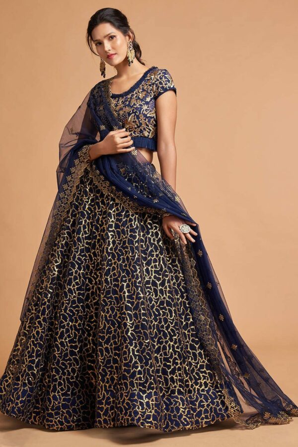 FABPIXEL Navy Blue & Gold-Toned Embroidered Kalamkari Semi-Stitched Lehenga & Unstitched Blouse With Dupatta