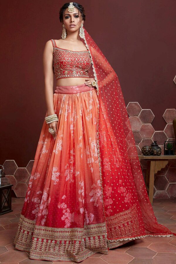 FABPIXEL Orange & Pink Embellished Semi-Stitched Lehenga & Unstitched Blouse With Dupatta