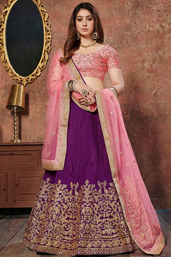 FABPIXEL Purple & Pink Embroidered Bridal Lehenga Choli Set With Dupatta
